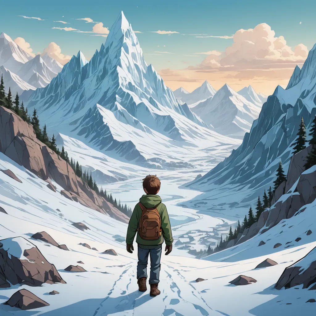 a man walking through a snow covered mountain range with a backpack on his back and a backpack on his shoulder, environmental art, a matte painting, Dan Mumford, liam brazier