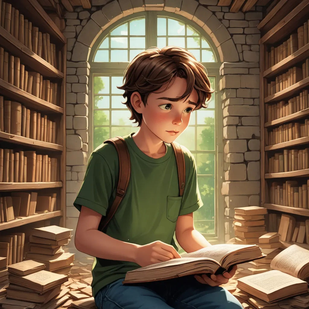 a boy sitting on the floor reading a book in a library with a window behind him and lots of books, fantasy art, a storybook illustration, Aaron Jasinski, storybook illustration