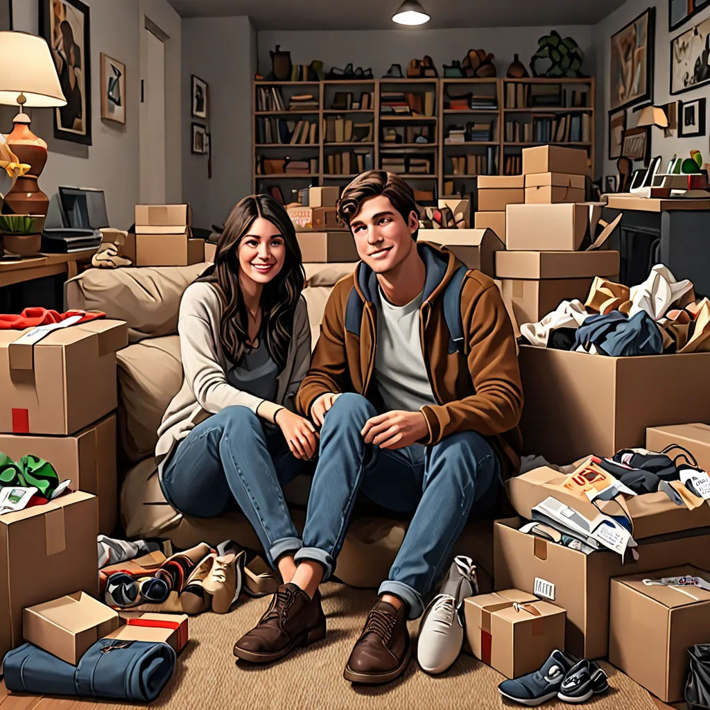 a couple sitting on a couch surrounded by boxes and shoes in a room with a lamp on the wall, photorealism, a photorealistic painting, Chris LaBrooy, highly detailed digital painting