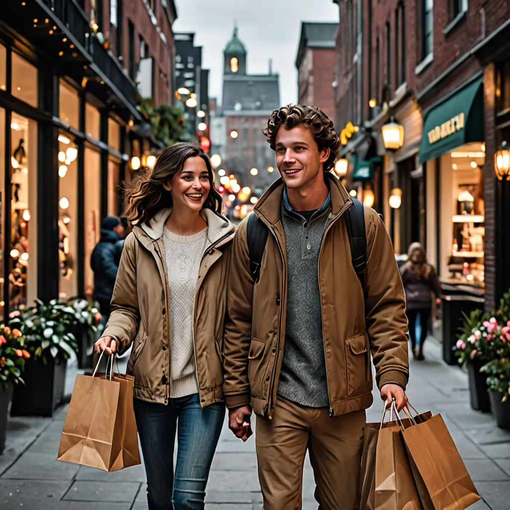 a man and woman walking down a street holding shopping bags and smiling at the camera while holding hands and smiling, american barbizon school, a digital rendering, Christian Hilfgott Brand, promotional image