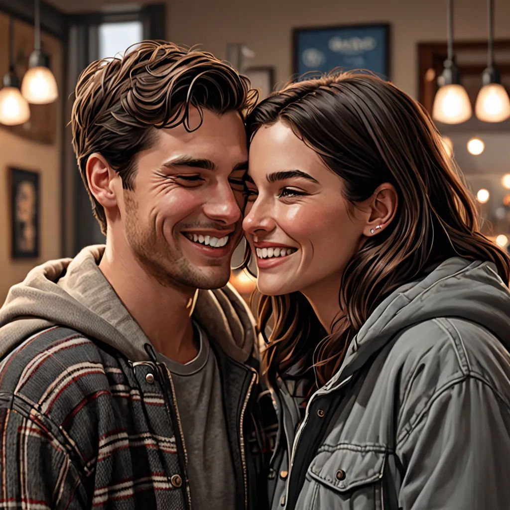 a man and a woman are smiling together in a restaurant together, with lights hanging above them and a bar in the background, photorealism, a photorealistic painting, Eric Zener, highly detailed digital painting