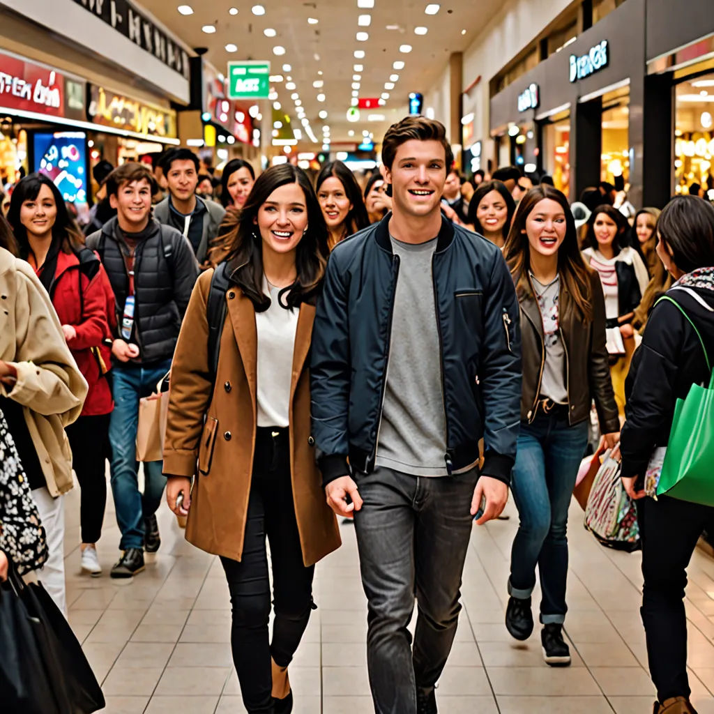 a group of people walking down a mall with a man in a brown coat and a woman in a white top, maximalism, a stock photo, David Park, promotional image