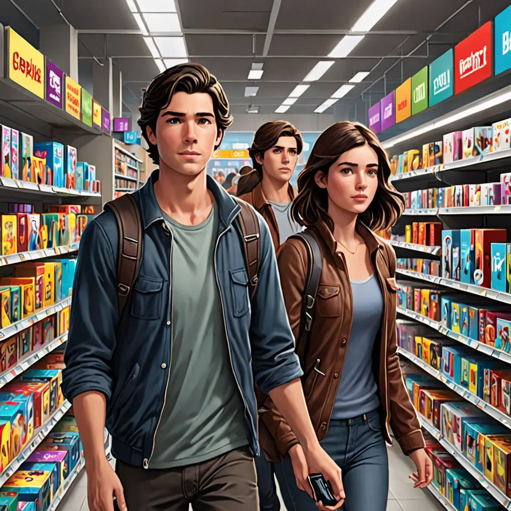 a man and woman walking through a store aisle with a man holding a suitcase and a woman holding a handbag, photorealism, a comic book panel, Cedric Seaut (Keos Masons), official art