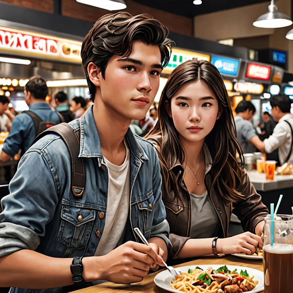 a man and a woman sitting at a table with food in front of them in a restaurant with a large window, photorealism, a photorealistic painting, David Park, stanley artgerm lau