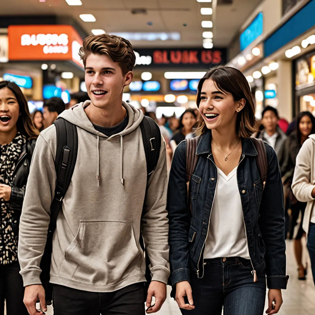 a group of people walking down a mall together, one of them is holding a backpack and the other is holding a cell phone, american barbizon school, a stock photo, Daniel Lieske, promotional image