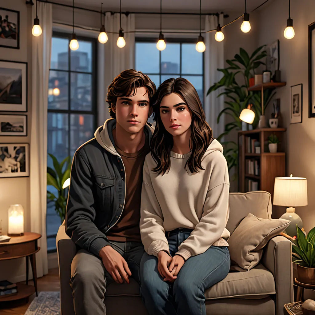 a man and a woman sitting on a couch in a living room with a window and a plant in the corner, photorealism, a hyperrealistic painting, David Park, promotional image