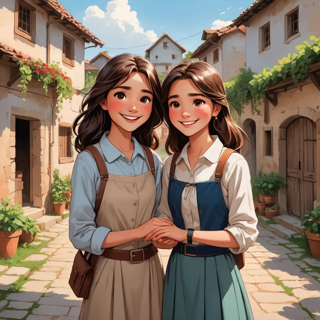 two young women standing next to each other in front of a house with a courtyard and a stone walkway, serial art, a storybook illustration, Artgerm, trending on art station