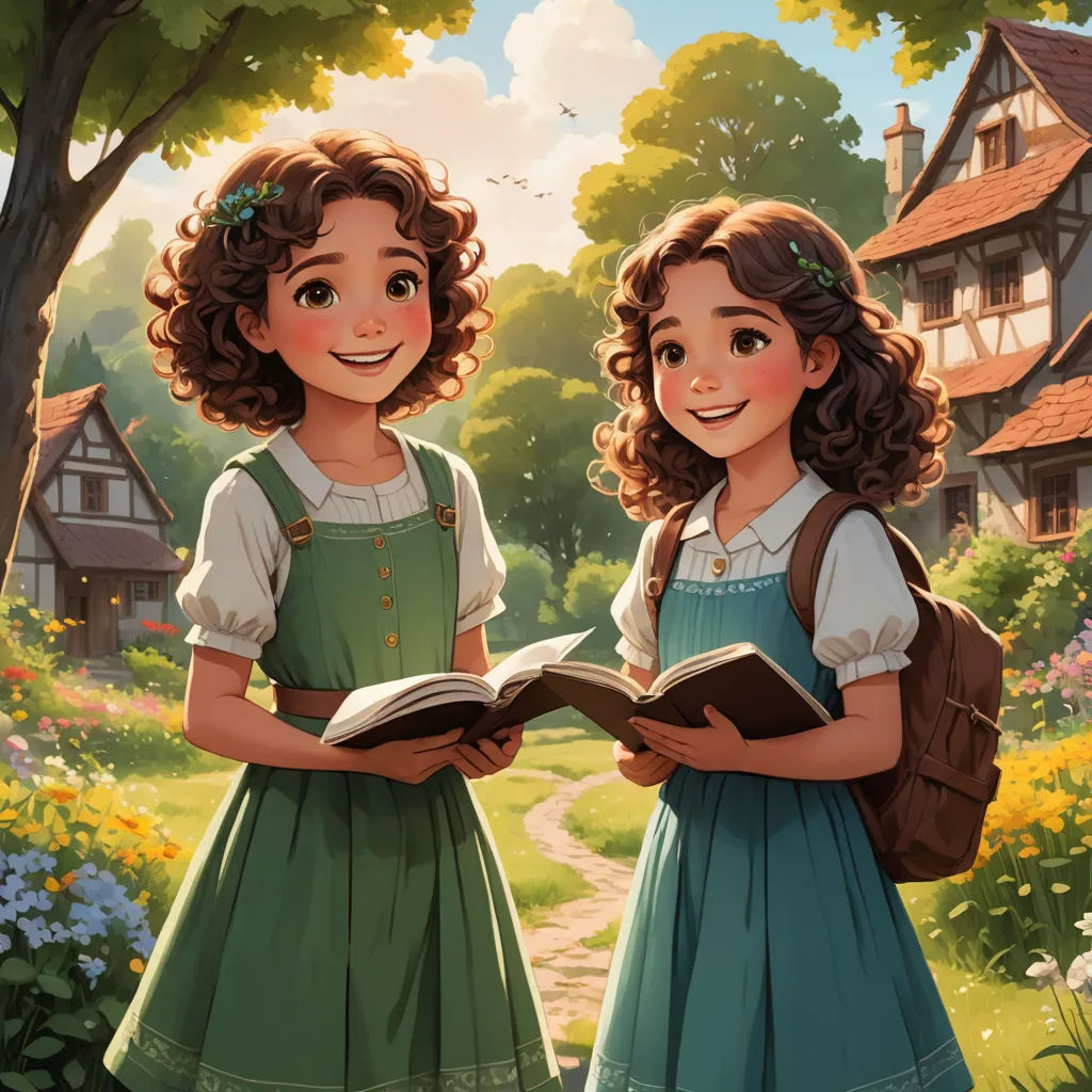two girls are standing in a garden reading a book together, with a house in the background and a path leading to the house, fantasy art, a storybook illustration, Brothers Hildebrandt, trending on art station