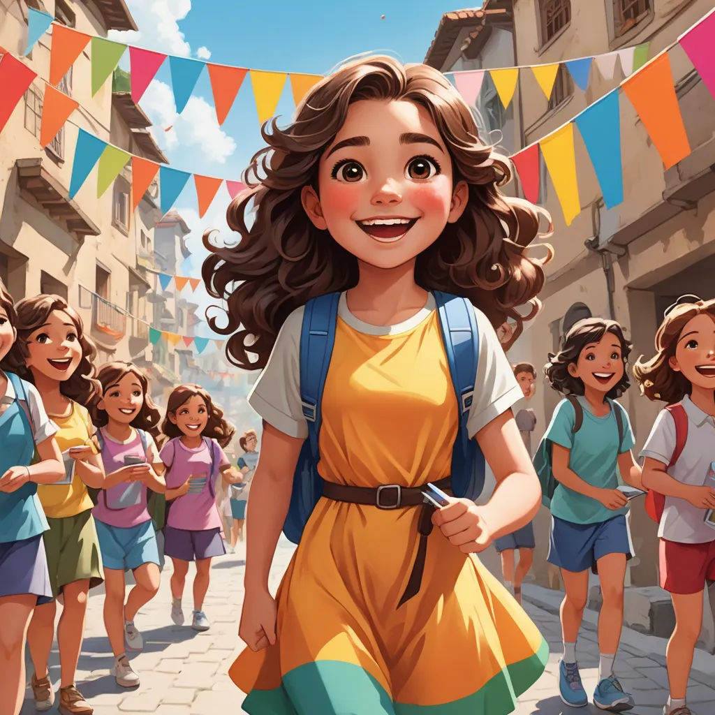 a cartoon girl in a yellow dress is walking down a street with a group of children behind her and a banner of bunting, paris school, a storybook illustration, disney, official art