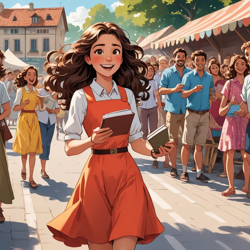 a woman in a red dress is holding a book and smiling while walking down a crowded street with people, american scene painting, a storybook illustration, Colin Middleton, official art