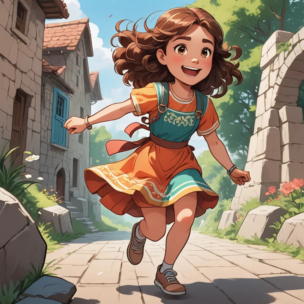 a girl in a dress running down a street in a cartoon style with a castle in the background and a stone wall, fantasy art, a storybook illustration, Cedric Seaut (Keos Masons), rossdraws global illumination