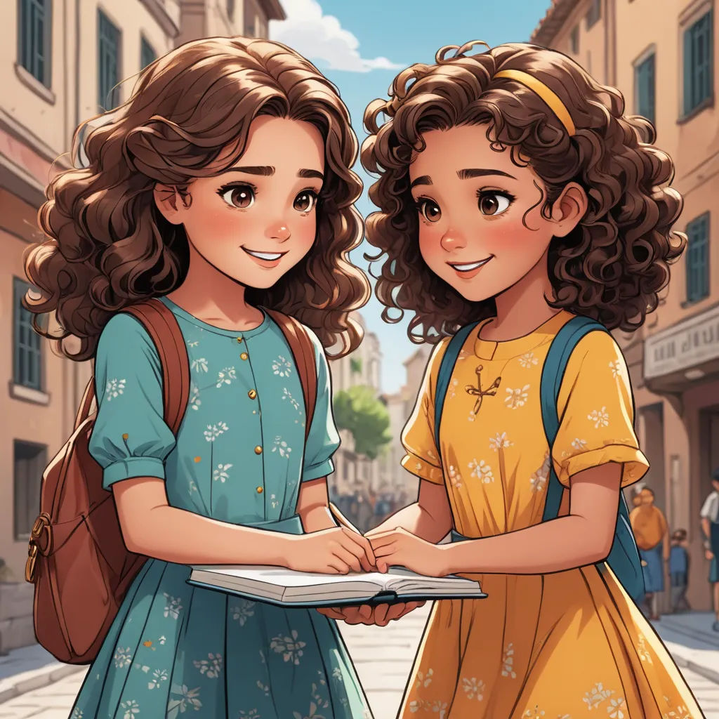 two girls are standing in the street and one is holding a book and the other is holding a book, serial art, a storybook illustration, disney, official art