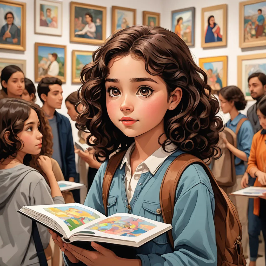 a painting of a girl holding a book in a crowded room with children looking on in the background and a man standing in the foreground, academic art, a comic book panel, Artgerm, comic book