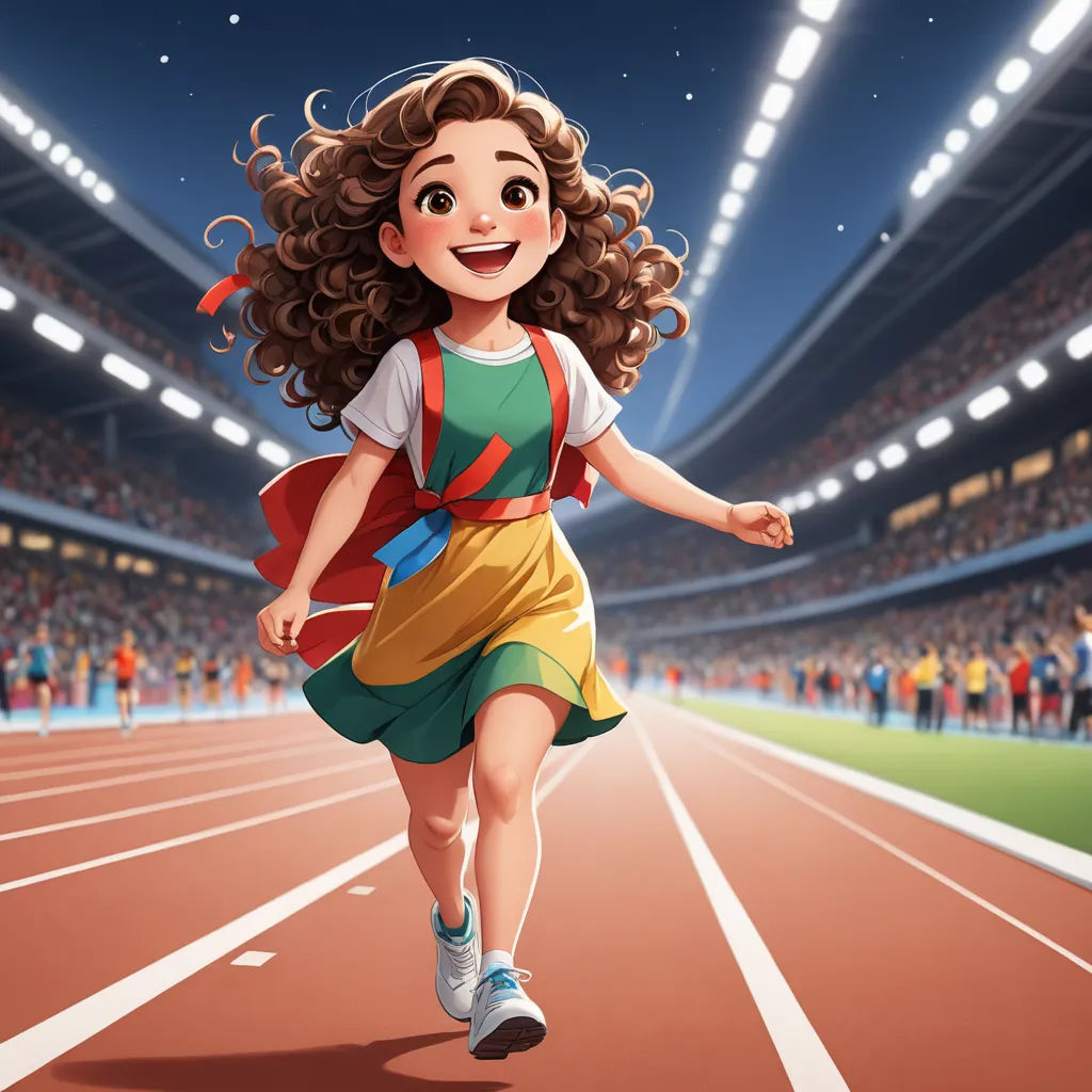 a cartoon girl running on a track in a stadium at night with a crowd of people behind her and a stadium lights in the background, naive art, a storybook illustration, Diego Gisbert Llorens, trending on art station