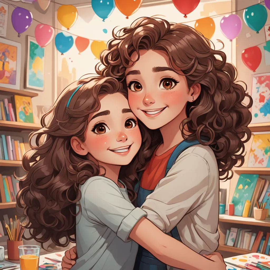 a couple of people that are hugging each other in a room with balloons and bookshelves in the background, serial art, a storybook illustration, Artgerm, trending on art station