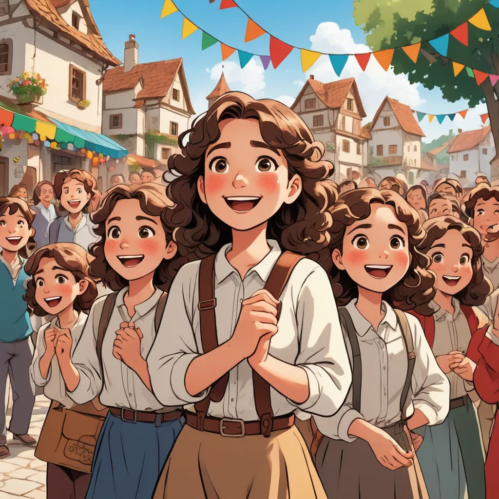 a woman standing in front of a crowd of people in a village with bunting flags and bunting, rayonism, a storybook illustration, Anne Said, official art