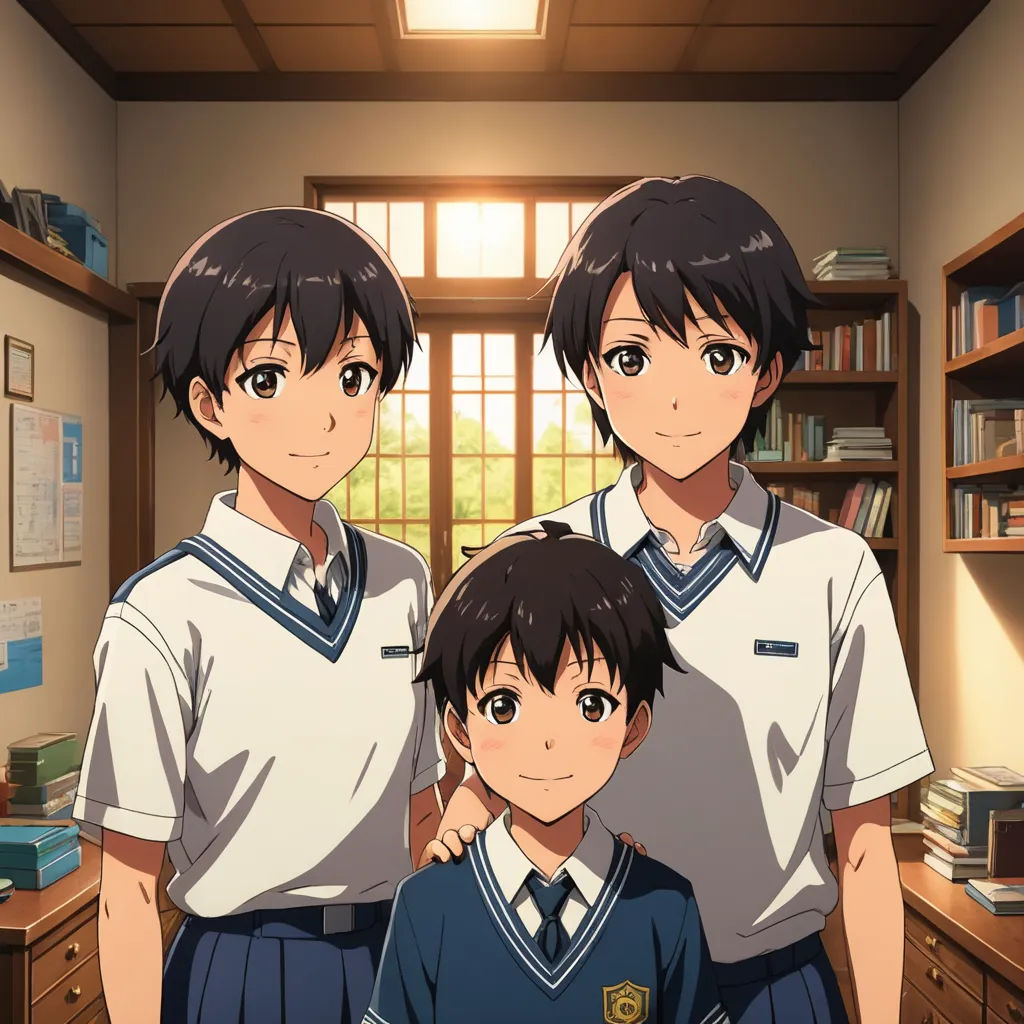 three young boys standing next to each other in a room with a window and bookshelf in the background, rayonism, concept art, Aya Goda, official art