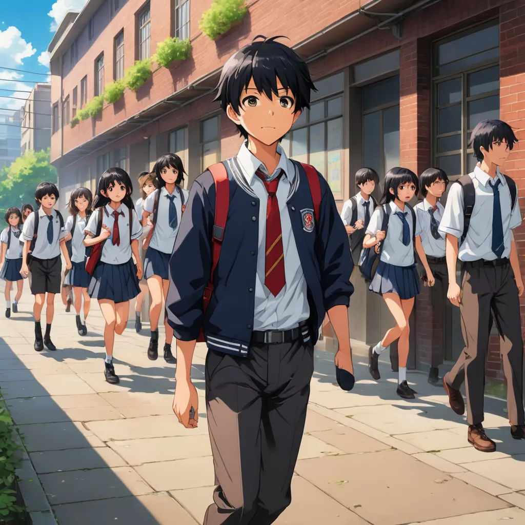 a group of school children walking down a street in front of a building with a man in a tie, rayonism, concept art, Ai-Mitsu, anime key visual