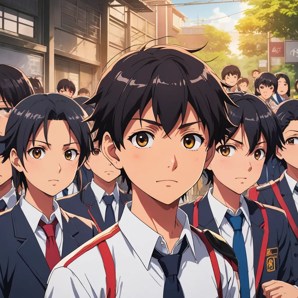 a group of people standing in front of a building with a bunch of people behind them wearing school uniforms, sots art, poster art, Ai-Mitsu, official art