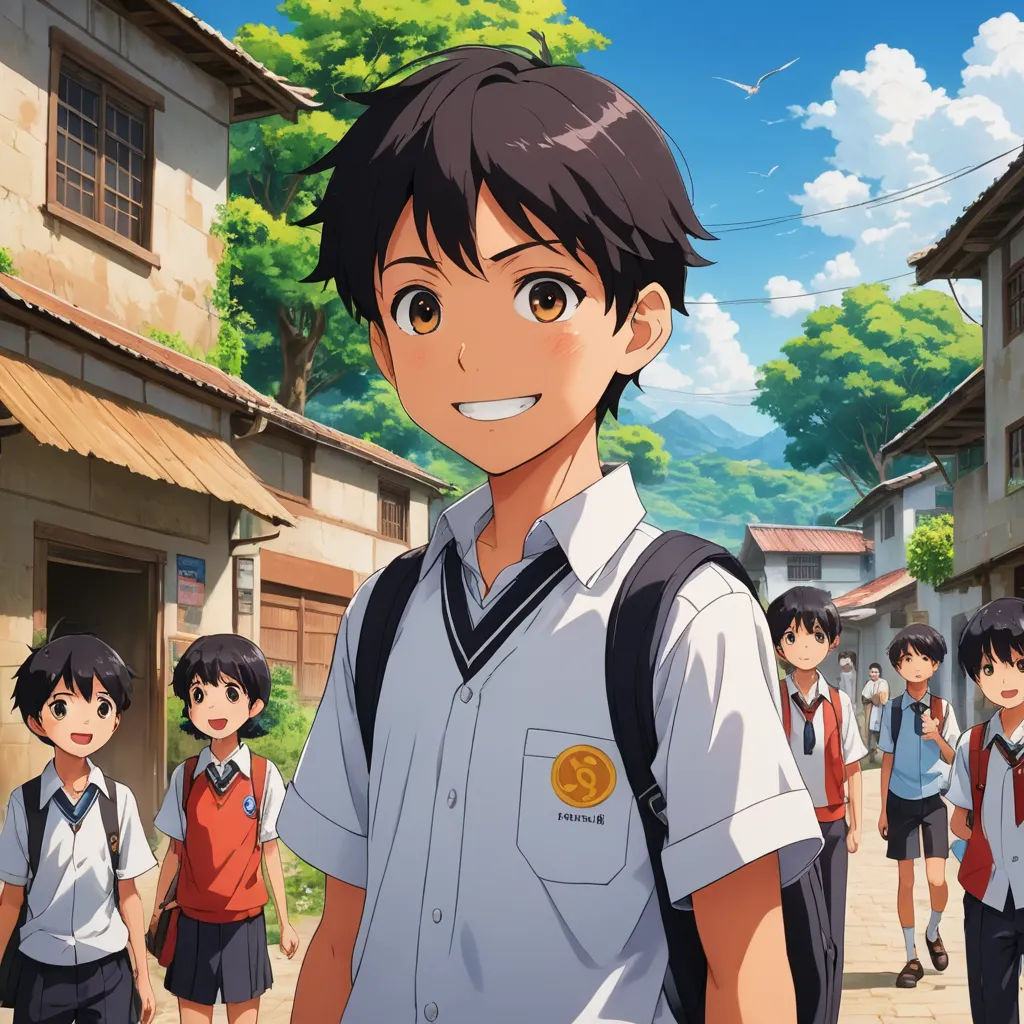 a group of young people standing in front of a building with trees in the background and a boy in a school uniform, rayonism, a character portrait, Adam Manyoki, anime key visual