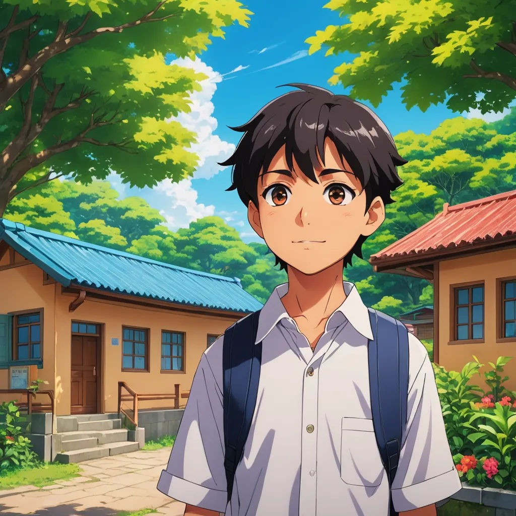 a young man standing in front of a building with a tree in the background and a building with a red roof, sots art, a detailed matte painting, Adam Manyoki, kyoto animation