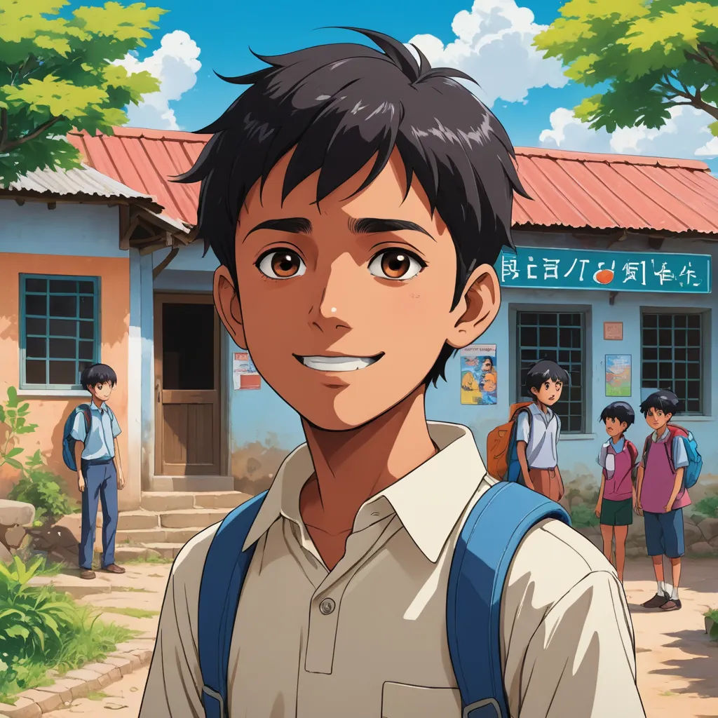 a boy with a backpack standing in front of a building with a group of people standing around him and a sign that says,, sots art, a character portrait, Adam Manyoki, official art