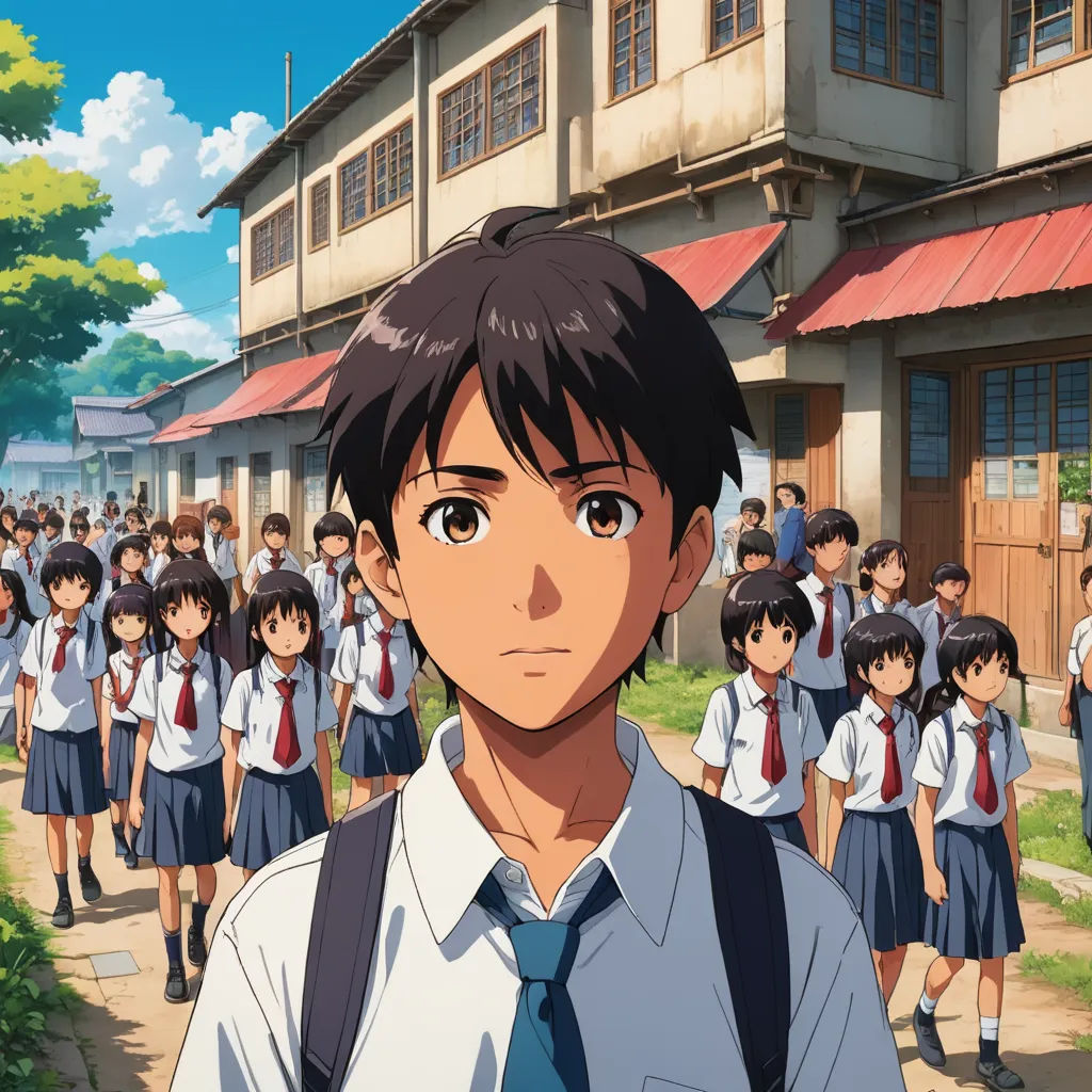 a group of young people standing in front of a building with a bunch of people standing around them in uniform, serial art, poster art, Adam Manyoki, anime key visual