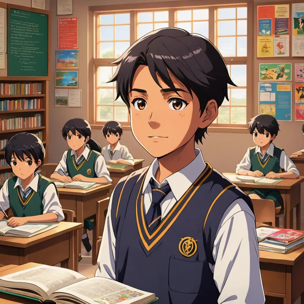 a boy in a school uniform standing in front of a classroom full of students with books on the desk, sots art, a character portrait, Adam Manyoki, official art