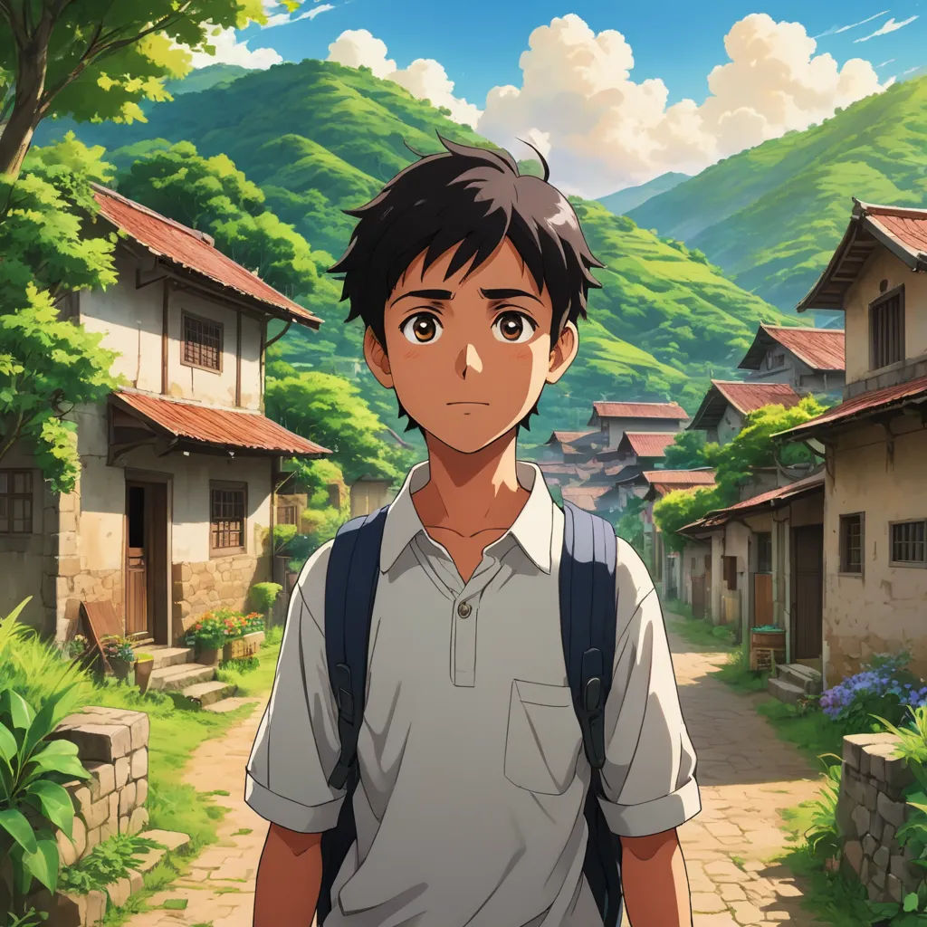 a boy in a backpack standing in front of a village with mountains in the background and a blue sky, sots art, a detailed matte painting, Adam Manyoki, anime key visual