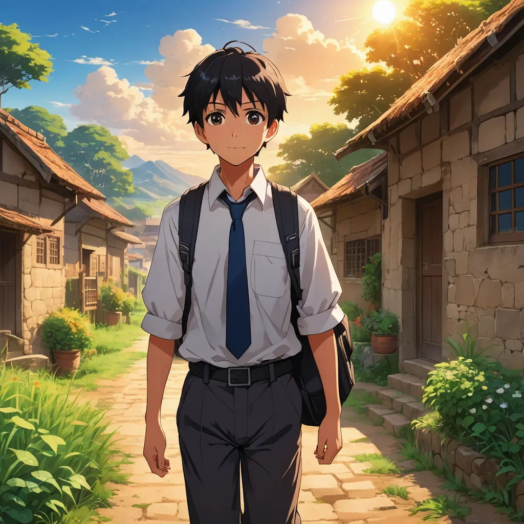 a man in a tie and a backpack walking down a path in front of a house with a mountain in the background, remodernism, a detailed matte painting, Aguri Uchida, anime key visual