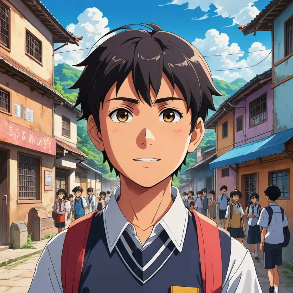 a young man with a backpack standing in front of a crowd of people in a village with buildings and a mountain in the background, serial art, a character portrait, Adam Manyoki, anime key visual