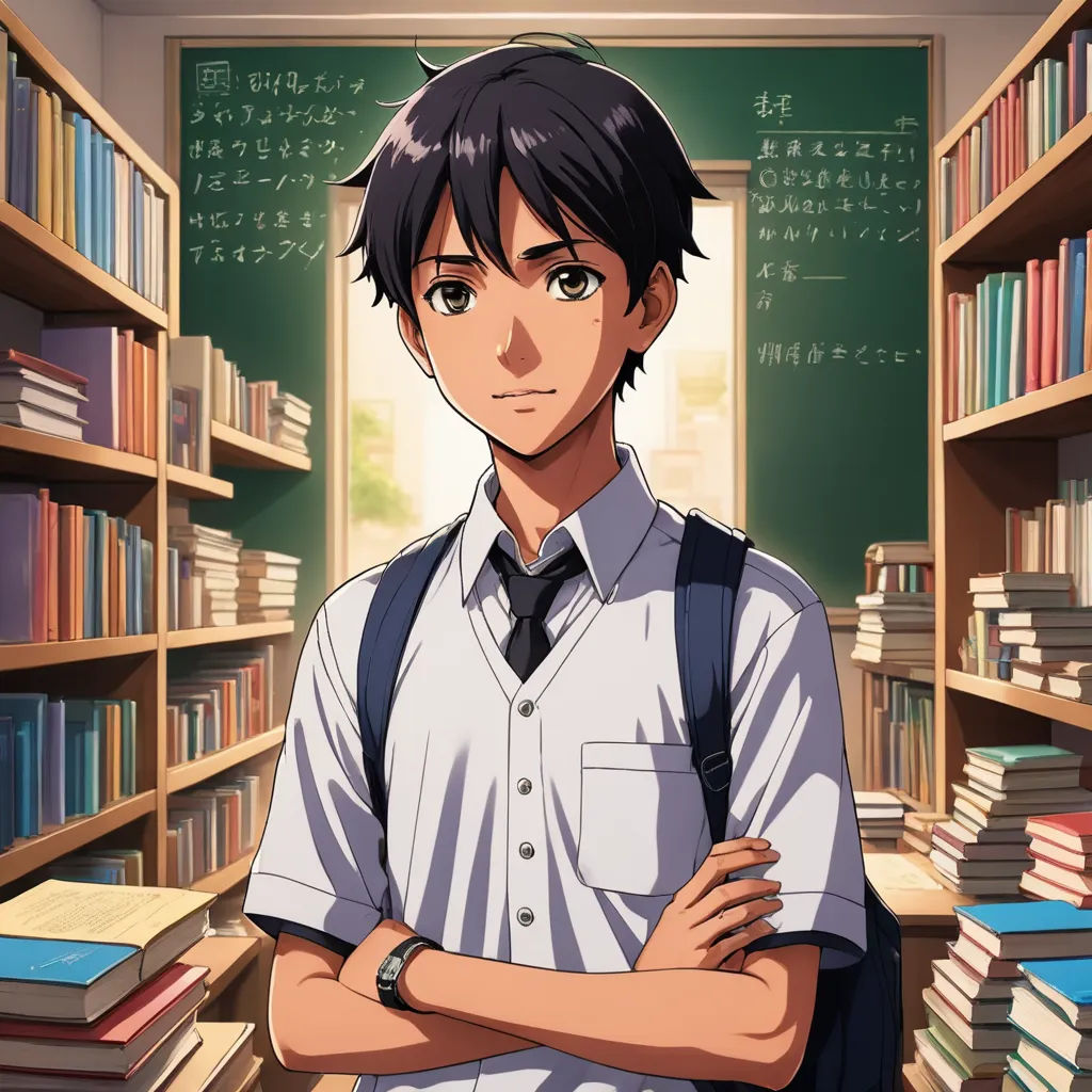 a man standing in front of a book shelf filled with books and bookshelves with his arms crossed, remodernism, a character portrait, Aguri Uchida, kyoto animation