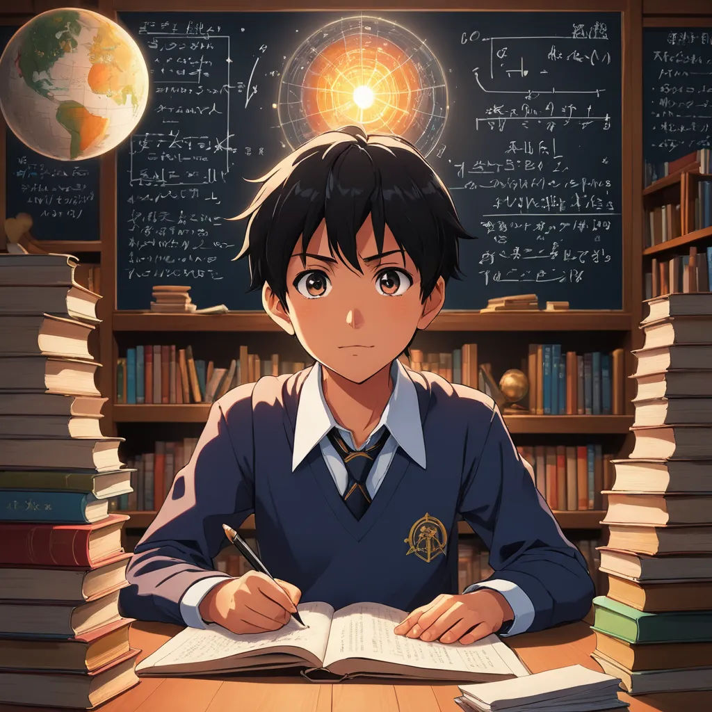 a boy sitting at a desk with a book and pen in front of him and a bookcase full of books, rayonism, computer graphics, Aguri Uchida, official art