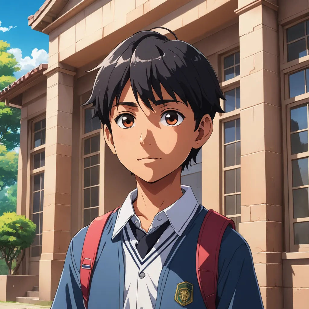 a young man in a school uniform standing in front of a building with a tree in the background and a building with a clock tower, sots art, a character portrait, Eizan Kikukawa, ufotable