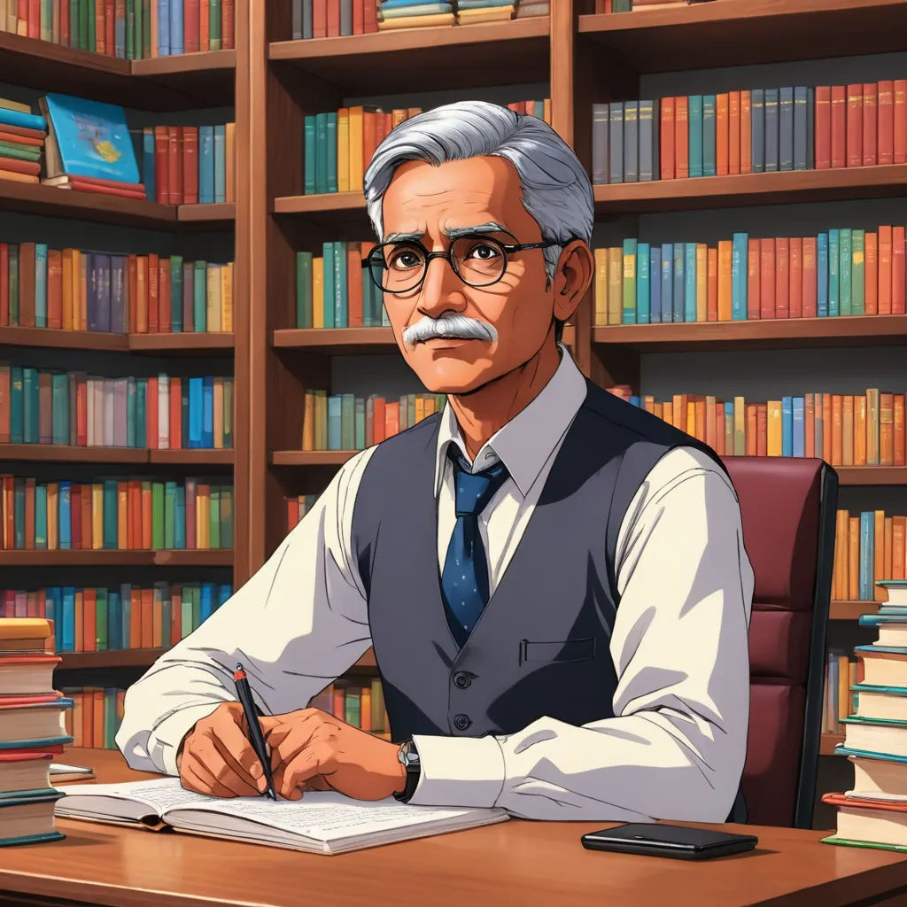 a man sitting at a desk with a pen and paper in front of him and a bookcase full of books behind him, neogeo, a character portrait, Awataguchi Takamitsu, official art