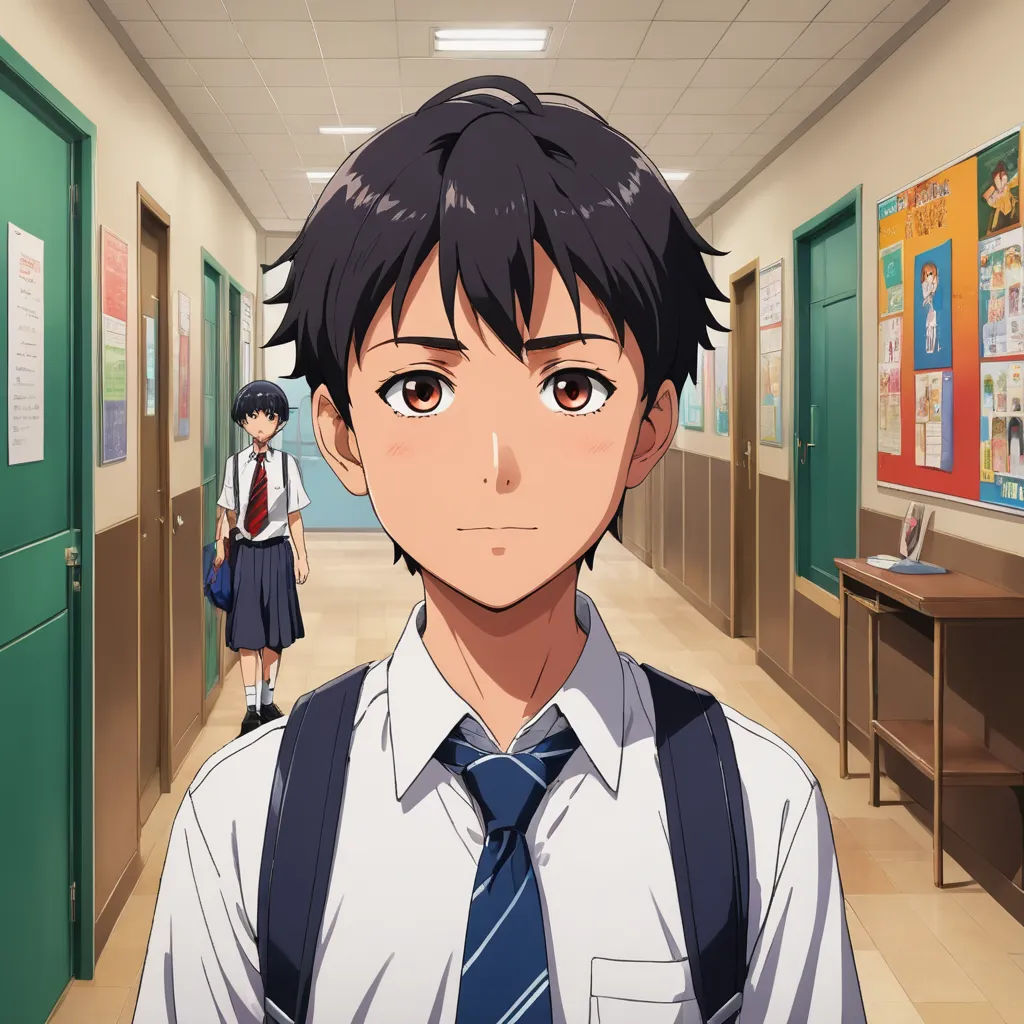a boy in a school uniform standing in a hallway with another boy in the background looking at the camera, sots art, a character portrait, Adam Manyoki, official art