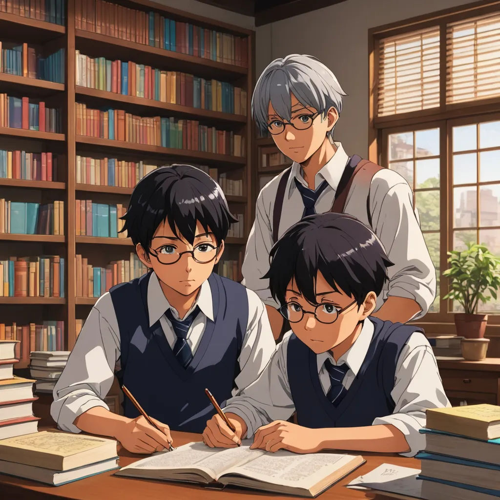 three people sitting at a desk with books and a pen in front of them, and a bookcase behind them, academic art, concept art, An Gyeon, official art