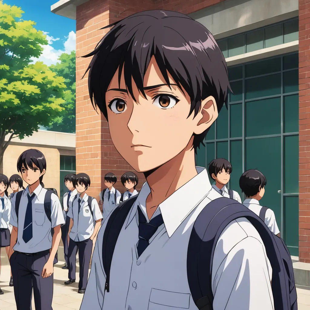 a group of young men standing in front of a building with a tree in the background and a person in the foreground, photorealism, a character portrait, Adam Manyoki, anime key visual