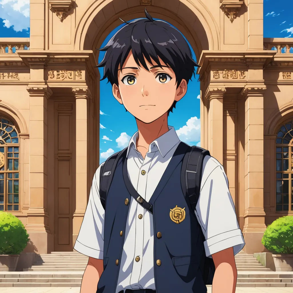 a man in uniform standing in front of a building with a clock tower in the background and a sky background, sots art, a character portrait, Aguri Uchida, kyoto animation