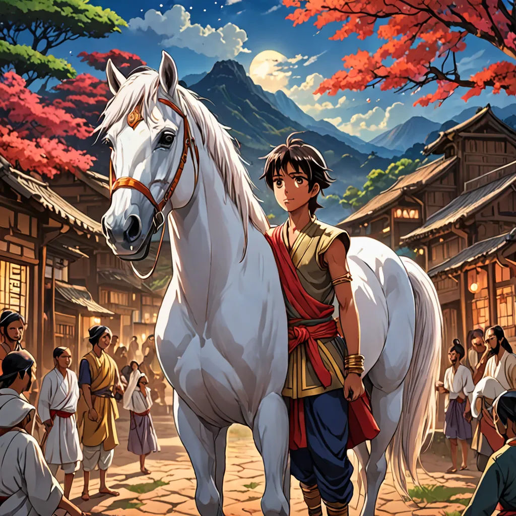 a man standing next to a white horse in front of a crowd of people and trees with red leaves, fantasy art, a storybook illustration, Cedric Seaut (Keos Masons), ufotable