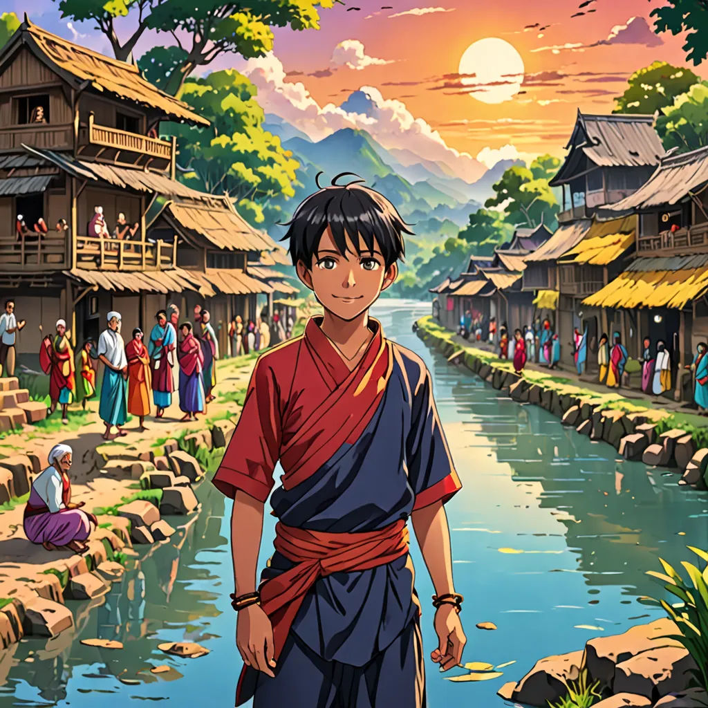 a man standing in front of a river with a bunch of people around him and a sunset in the background, samikshavad, a detailed matte painting, Cedric Seaut (Keos Masons), official art