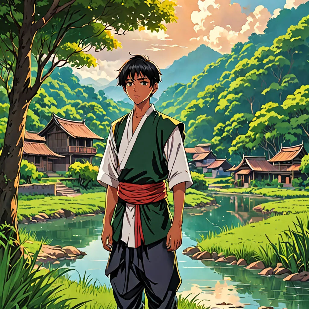 a man standing in front of a river in a forest with a mountain in the background and a forest in the foreground, synthetism, a detailed matte painting, An Gyeon, official art