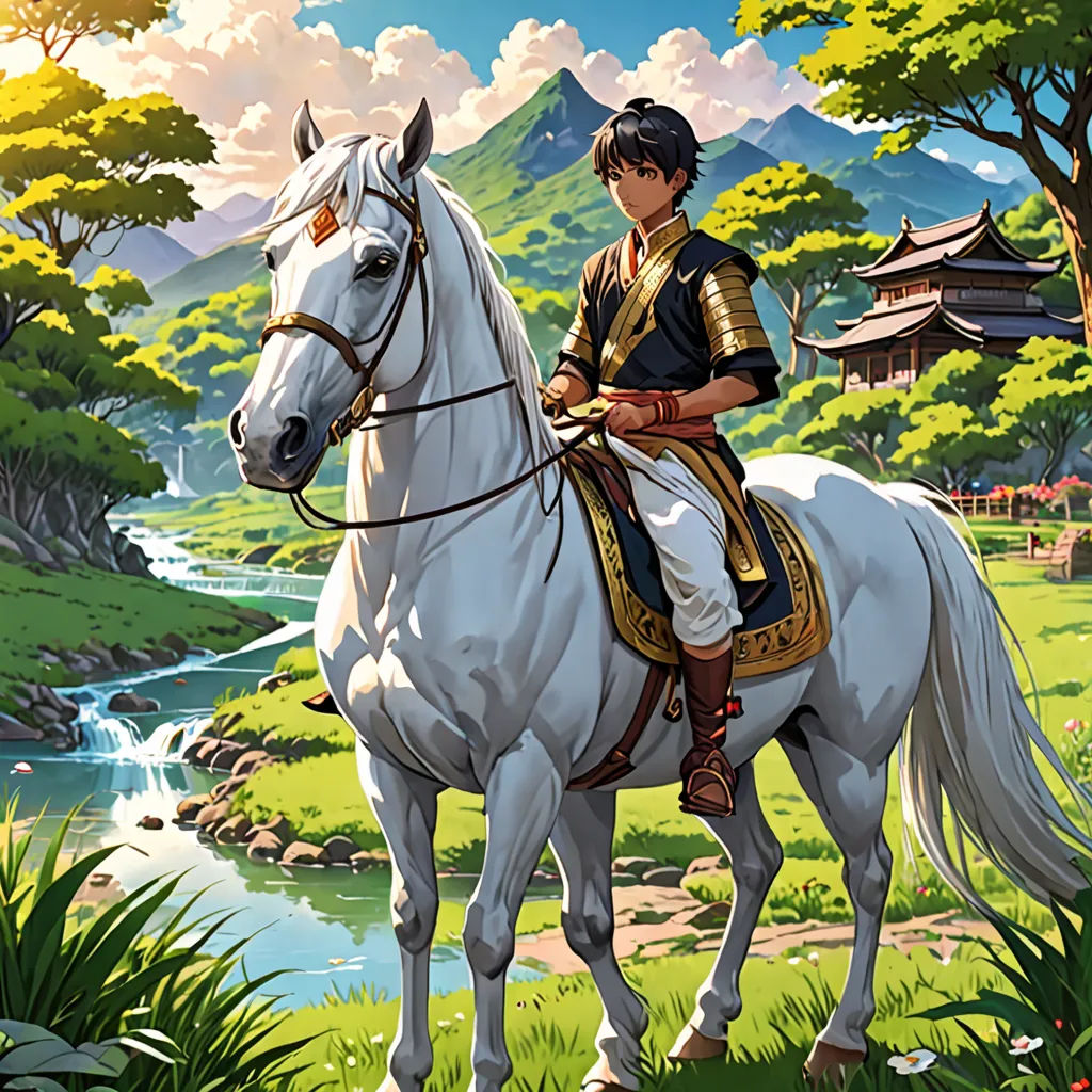 a man riding a white horse through a lush green forest filled with trees and a river under a cloudy sky, sots art, concept art, Du Jin, official art