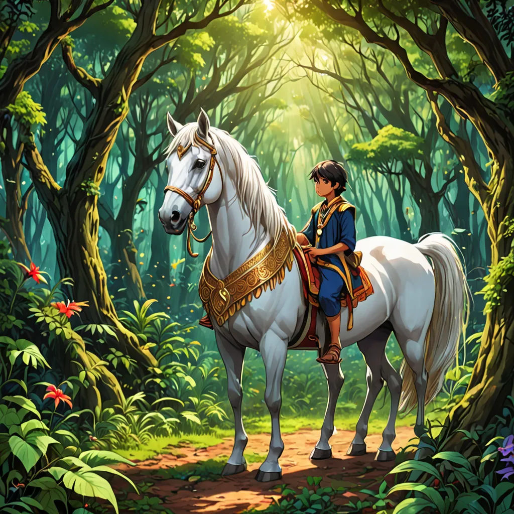 a painting of a man riding a horse through a forest with trees and flowers on the ground and a trail, fantasy art, a storybook illustration, Altoon Sultan, kinkade
