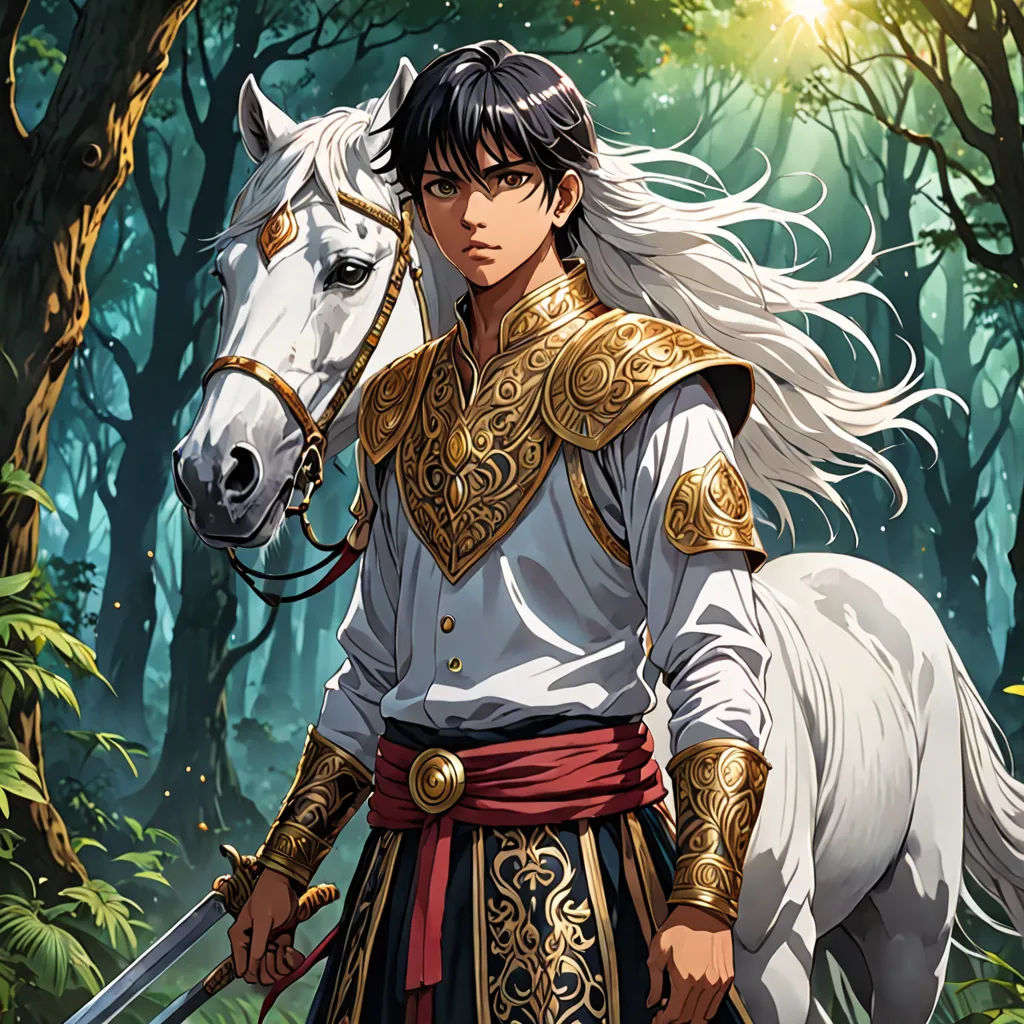 a man in a costume standing next to a horse in a forest with trees and bushes behind him, with a white horse in the foreground, fantasy art, a character portrait, Altoon Sultan, official art