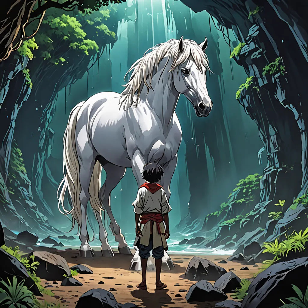 a man standing next to a white horse in a forest filled with trees and rocks, with a white horse standing next to him, fantasy art, a storybook illustration, Brom, official art