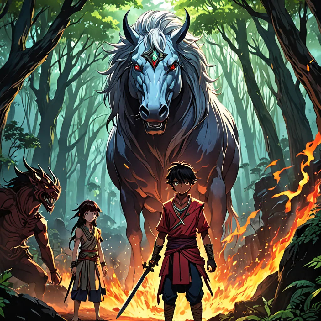 a man and a woman standing in front of a horse in a forest with a demon on it's back, samikshavad, poster art, Diego Gisbert Llorens, comic cover art