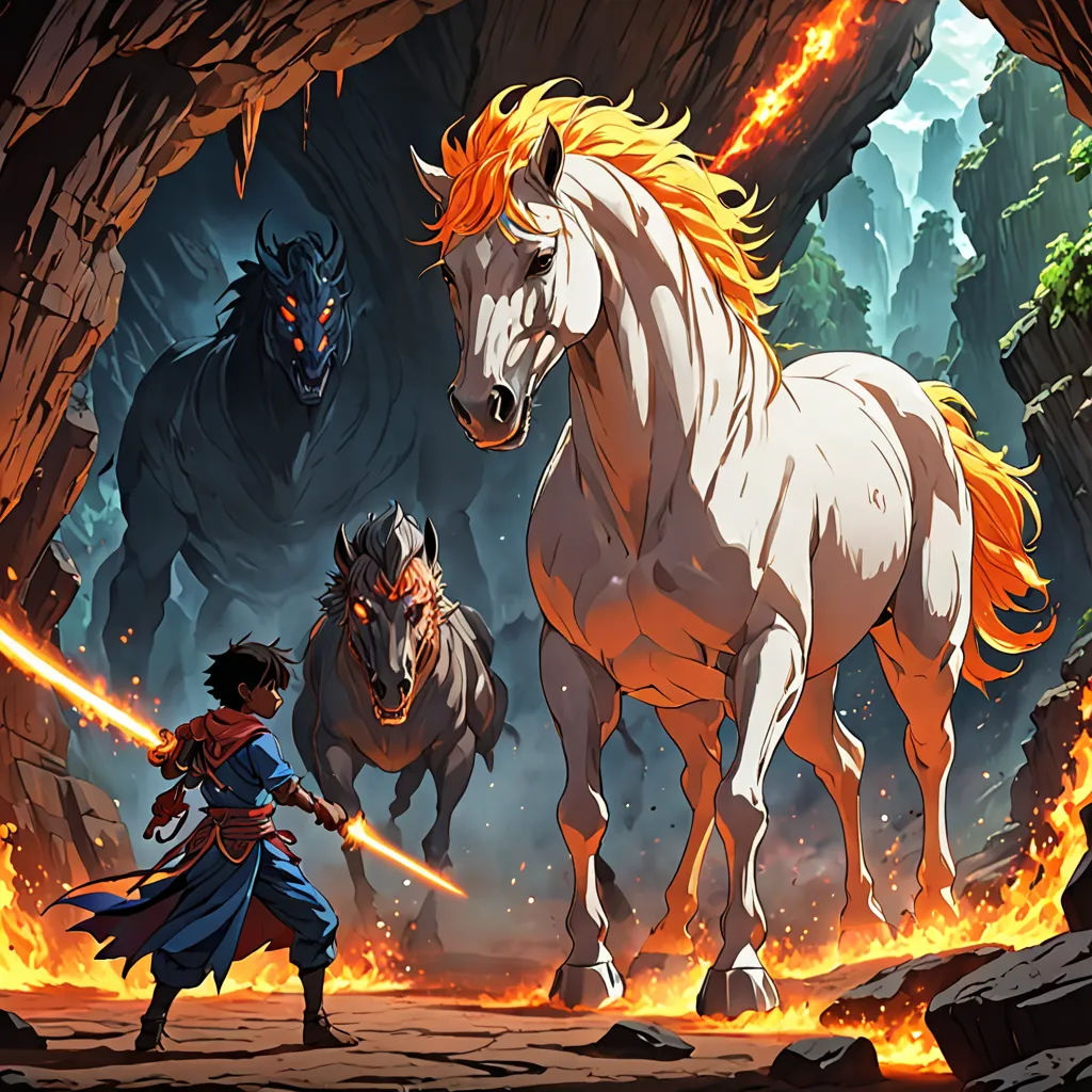 a man standing next to a white horse in a cave with two other horses behind him and a demon on the other side, fantasy art, concept art, Andreas Rocha, official art