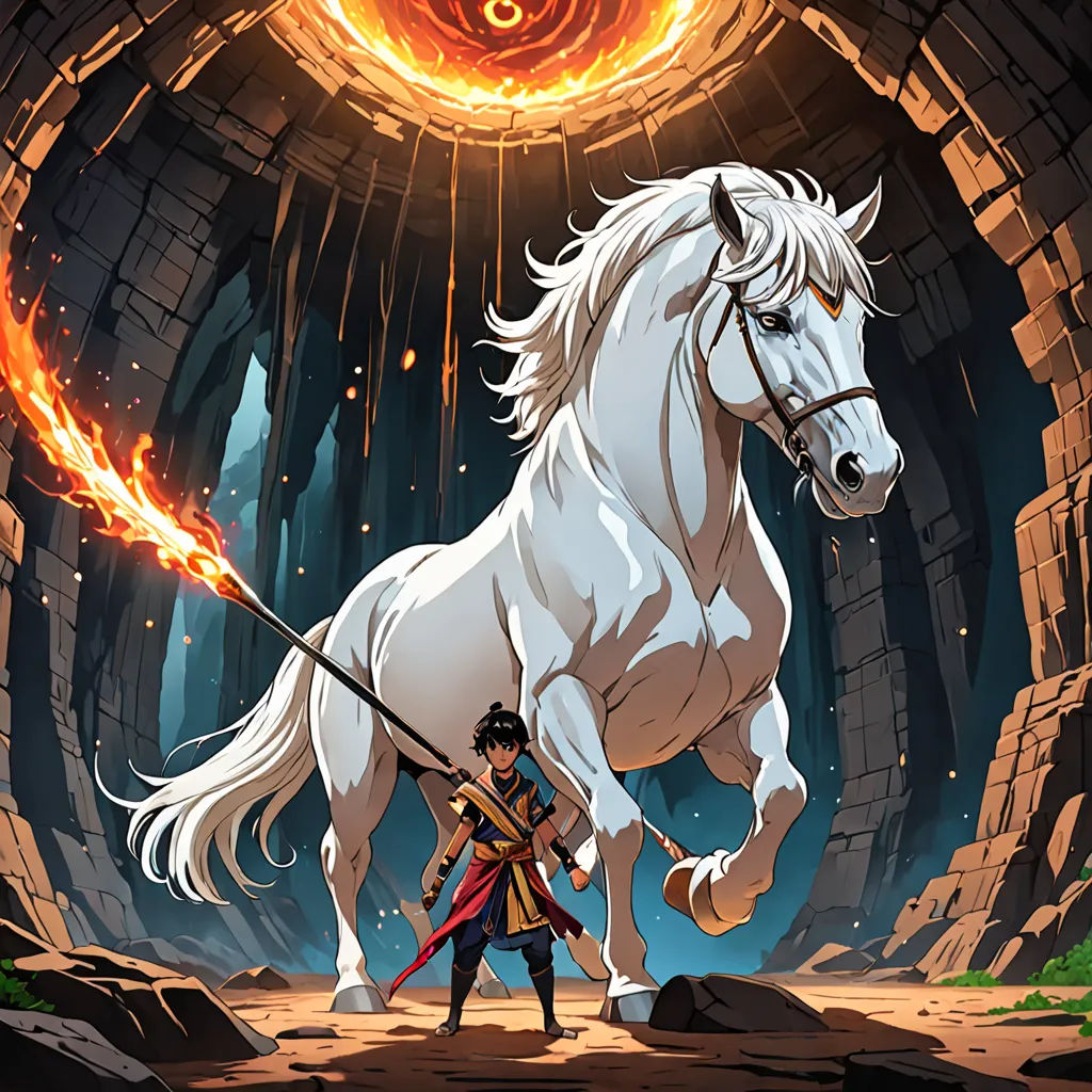 a man standing next to a white horse in a cave with a fireball in the background and a person holding a sword, fantasy art, a storybook illustration, Diego Gisbert Llorens, official art