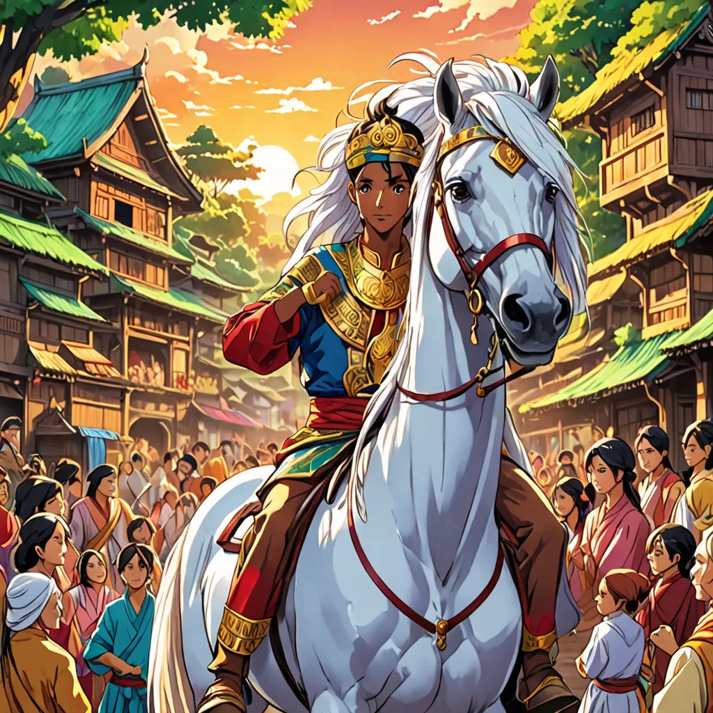 a man riding on the back of a white horse in front of a crowd of people in a village, fantasy art, a character portrait, Altoon Sultan, official art